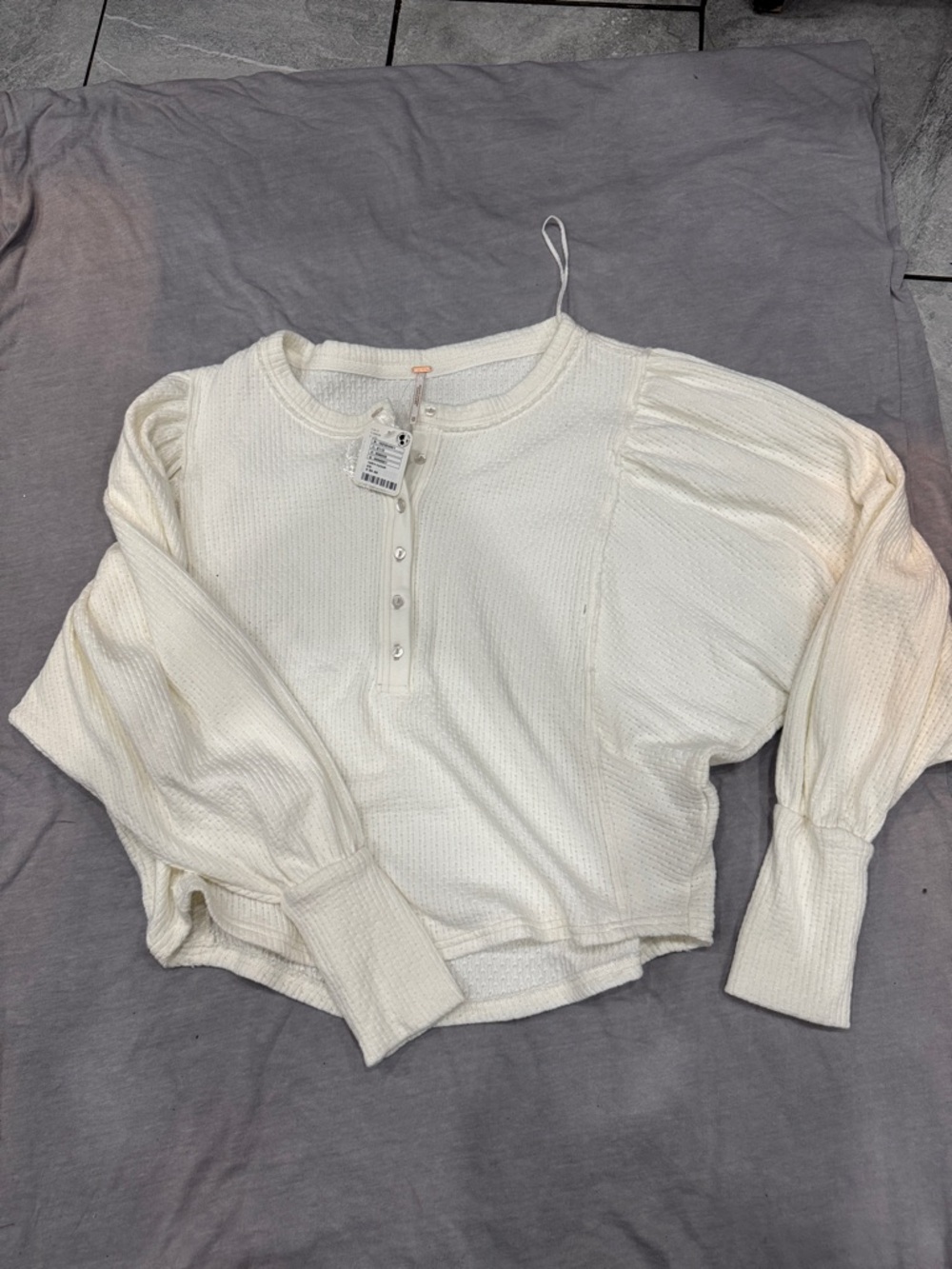 Free People Cream Waffle Knit Puff-Sleeve Henley